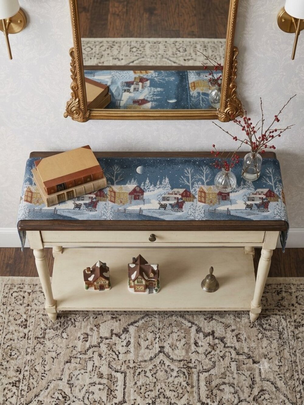 Winter Sleigh Ride Tapestry Table Runner Moonlit Snowy Village, Sparkle Accent